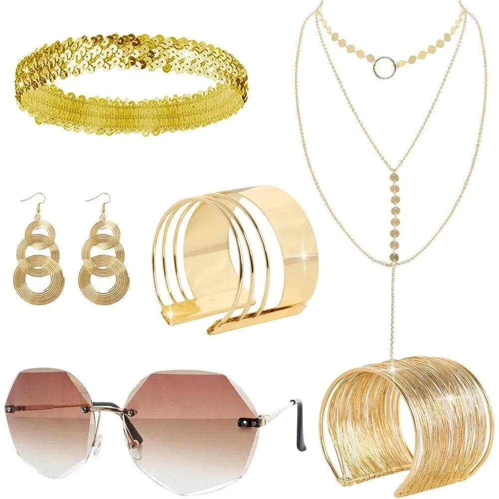 70s Disco Accessories Set Women's Gold Costume Jewelry Party Supplies